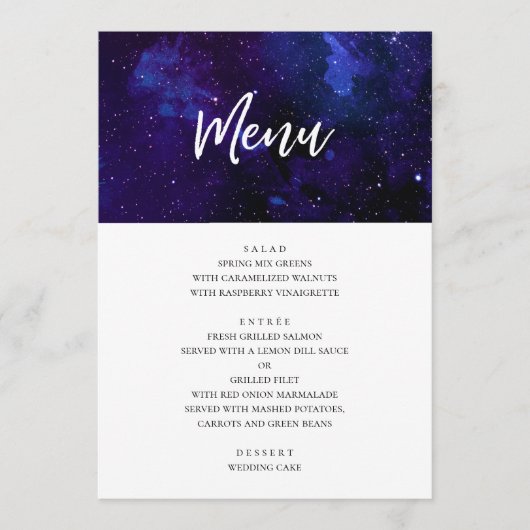Menu Dîner de mariage spatial. Étoiles de nuit. Marine (Devant)