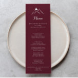 Menu Dîner de Montagne Silhouette Blanc Bourgogne<br><div class="desc">Cette carte de menu pour dîner de montagne en silhouette blanche bordeaux est parfaite pour un mariage rustique. Le design comprend des montagnes claires peintes à la main. Ce menu peut être utilisé pour une réception de mariage,  un dîner de répétition,  une douche nuptiale ou tout événement.</div>