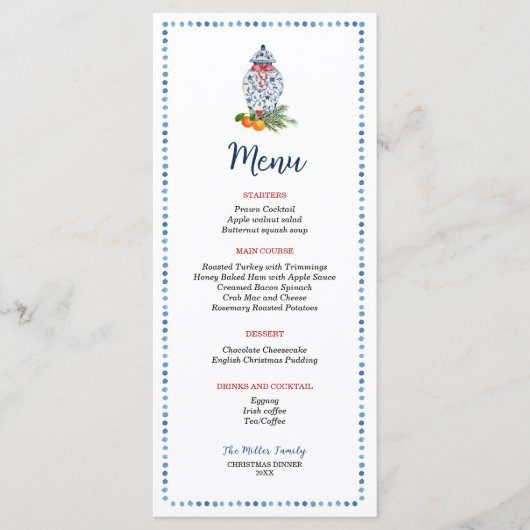 Menu Dîner de Noël bleu et blanc Ginger Jar (Devant)