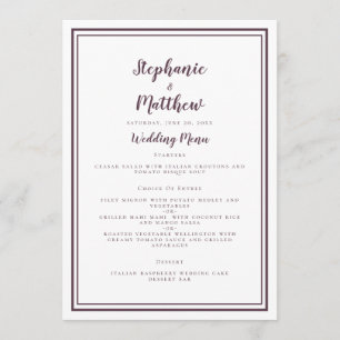 Menu Dîner de réception de mariage avec cadre prune