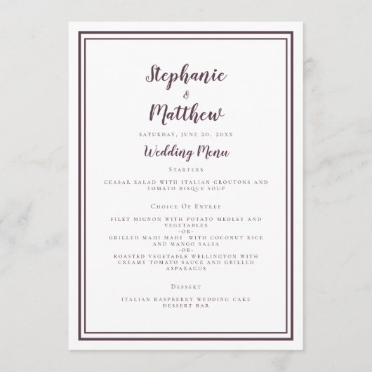 Menu Dîner de réception de mariage avec cadre prune (Devant)