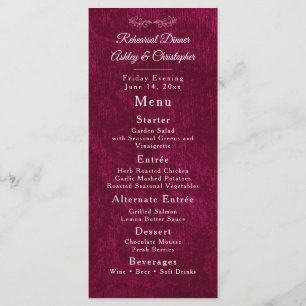 Menu Dîner de répétition élégant en velours bordeaux bl