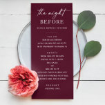 Menu Dîner de répétition en Bourgogne | Soirée élégante<br><div class="desc">Menu du dîner de répétition bourguignonne modèle pour la nuit précédant le mariage. Ce design sobre et élégant en prune est parfait pour les mariages d'automne, rustiques ou à thème du vin. La mise en page modifiable vous permet de personnaliser les détails de votre dîner. Un choix intemporel pour des...</div>