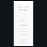 Menu Dîner de répétition mariage, bleu romantique Dusty<br><div class="desc">Dîner de répétition mariage,  Romantique Dusty Blue La nuit précédant le menu. Customisez facilement et personnalisez-vous selon vos besoins,  et vos invités de dîner seront ravis quand ils verront ce menu de dîner parfait et élégant.</div>