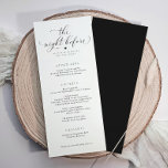 Menu Dîner de répétition Mariage de calligraphie élégan<br><div class="desc">Menus pour le dîner de répétition : Ces menus élégants pour le dîner de répétition de mariage comportent l'expression "La nuit avant" dans un magnifique script tourbillonnant, ajoutant une touche de sophistication à votre célébration pré-mariage. Parfaits pour donner un ton élégant, ces menus allient élégance et charme, ce qui en...</div>
