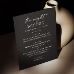Menu Dîner de répétition noire | Moderne La Nuit Avant<br><div class="desc">Célébrez "La nuit avant" avec style avec ce menu moderne de répétition noire. Conçu avec une mise en page audacieuse et minimaliste et une typographie élégante, il est parfait pour les couples qui veulent un look élégant et sophistiqué. Customisez le texte pour présenter vos cours de dîner et créer une...</div>