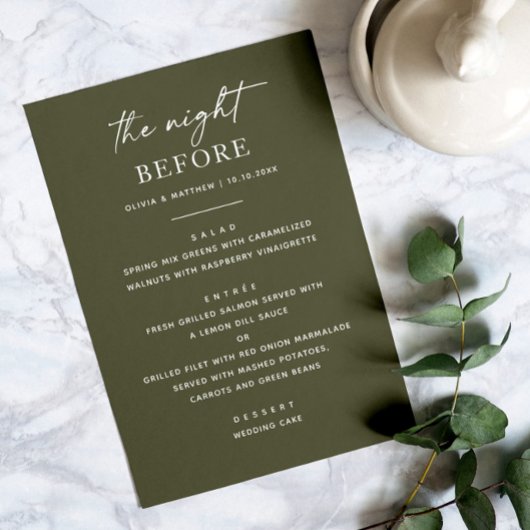Menu Dîner de répétition vert olive | Nuit avant terre