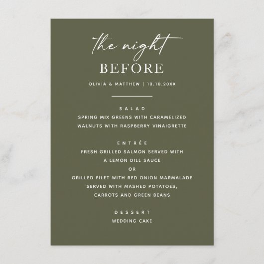 Menu Dîner de répétition vert olive | Nuit avant terre (Devant)