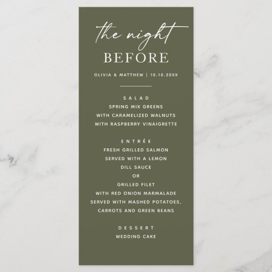 Menu Dîner de répétition vert olive | Nuit rustique ava (Devant)