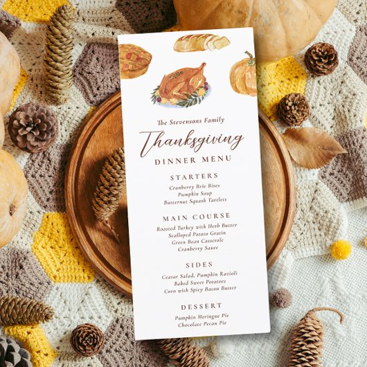 Menu Dîner de Thanksgiving dinde & tarte aquarelle rust