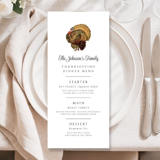 Menu Dîner de Thanksgiving familial vintage de dinde