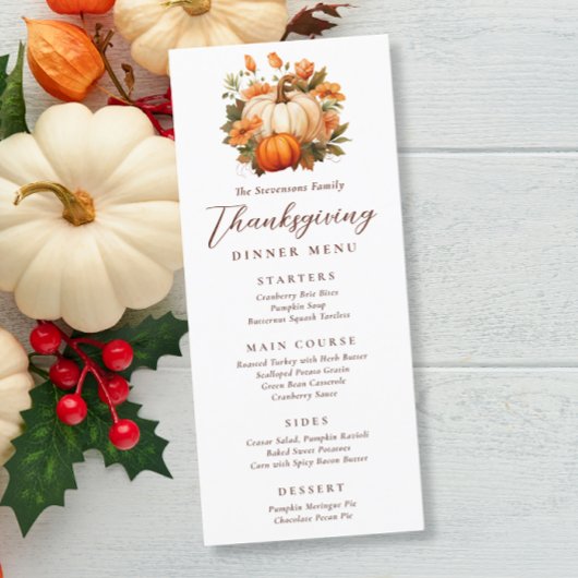 Menu Dîner de Thanksgiving Floral de Citrouille Script 
