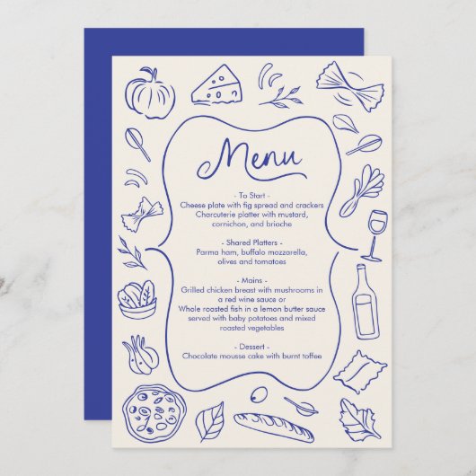 Menu Dîner Dessin À Main Italien Bleu (Devant / Derrière)