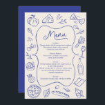 Menu Dîner Dessin À Main Italien Bleu<br><div class="desc">Améliorez votre réception de mariage avec cette carte de menu illustrée. Doté d'icônes de cuisine dessinées à la main et d'un design classique, cette carte de menu personnalisable ajoute une touche de charme à votre journée spéciale. Idéal pour présenter votre menu soigneusement préparé, cette carte est à la fois élégante...</div>