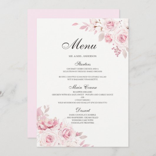 Menu Dîner Fiançailles Mariage rose pâle Menu (Devant / Derrière)