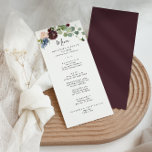 Menu Dîner floral et verdoyant de Bourgogne<br><div class="desc">Cette carte de menu pour dîner aux couleurs bordeaux et verdoyantes est parfaite pour un mariage d'hiver. L'élégant design boho comprend des fleurs couleur marine, rose vif et des fleurs à l'ombre du vin avec des détails artistiques au crayon. Ce menu peut être utilisé pour une réception de mariage, un...</div>
