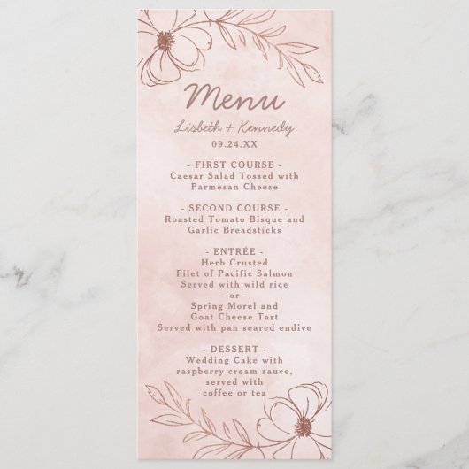 Menu Dîner Floral Pink & Rose Gold Foil (Devant)