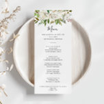 Menu Dîner Floral White Winter Peony<br><div class="desc">Cette carte blanche à la carte à dîner fleurie est parfaite pour un mariage moderne. Le design présente de belles pivoines blanches dessinées à la main et entassées dans de beaux bouquets aux bourgeons bordeaux et aux feuilles verts. Ce menu peut être utilisé pour une réception de mariage, un dîner...</div>