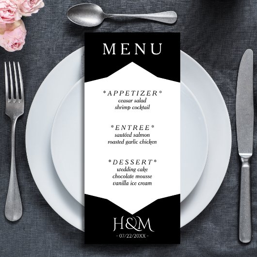 Menu Dîner géométrique noir et blanc Réception de maria