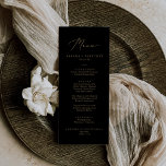 Menu Dîner Gold et Black Mariage<br><div class="desc">Cette carte délicate de dîner en or et mariage noir est parfaite pour un mariage moderne. Le design minimaliste romantique présente une belle et élégante typographie de champagne jaune doré sur un arrière - plan noir au look épuré et simple. Ce menu peut être utilisé pour une réception de mariage,...</div>