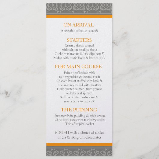 Menu dîner mariage à bande grise et orange (Dos)