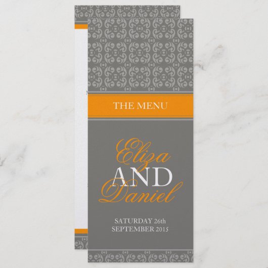 Menu dîner mariage à bande grise et orange (Devant / Derrière)