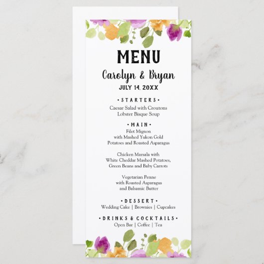 Menu Dîner Mariage à l'aquarelle (Devant / Derrière)