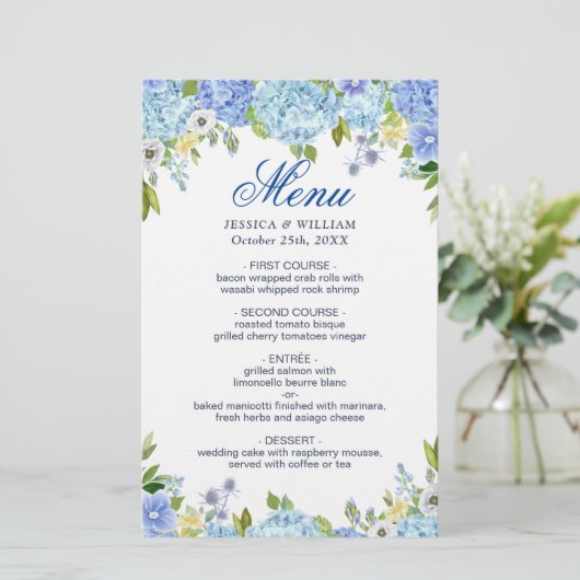 Menu Dîner mariage Blue Hydrangea Floral Green (Debout devant)
