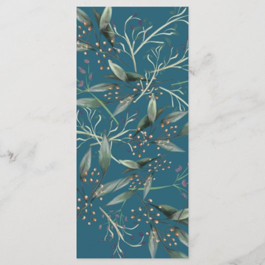 Menu dîner mariage cadre turquoise feuille or élég (Dos)