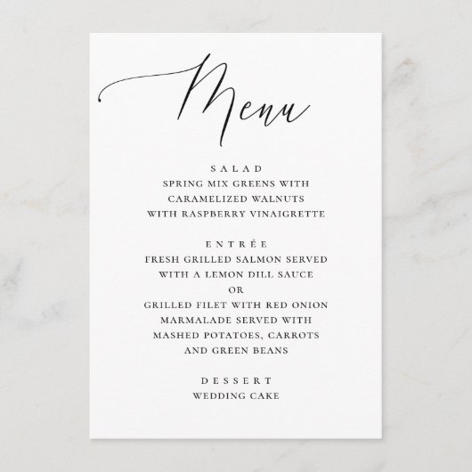 Menu Dîner Mariage classique noir et blanc pur script (Devant)