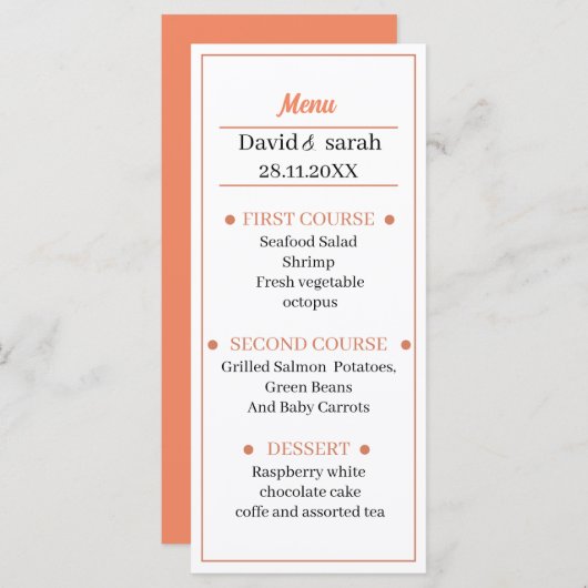 Menu Dîner Mariage Customisé simple orange (Devant / Derrière)