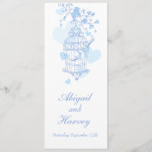 Menu dîner mariage en cage d'oiseau bleu et blanc (Devant)