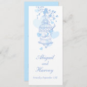 Menu dîner mariage en cage d'oiseau bleu et blanc (Devant / Derrière)