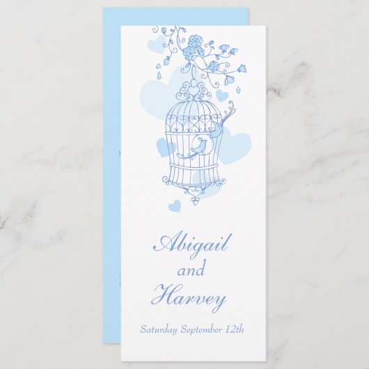 Menu dîner mariage en cage d'oiseau bleu et blanc (Devant / Derrière)