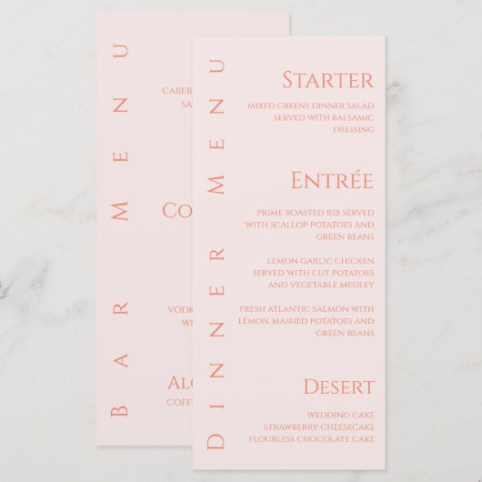 Menu Dîner mariage et Bar Menu-Blush (Devant / Derrière)