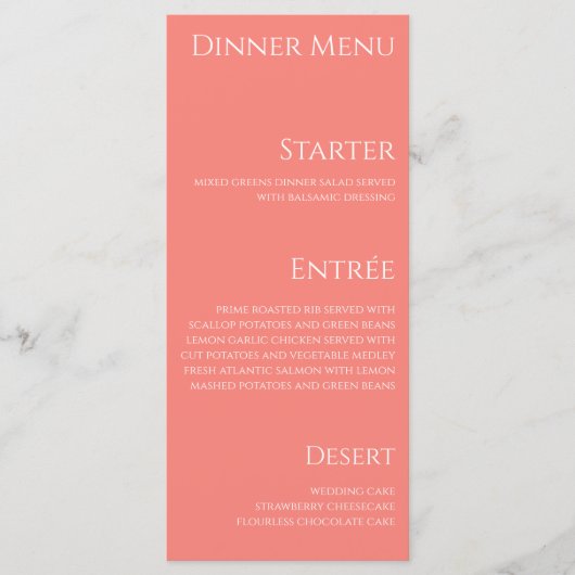 Menu Dîner mariage et Bar Menu-Corail rose- (Devant)