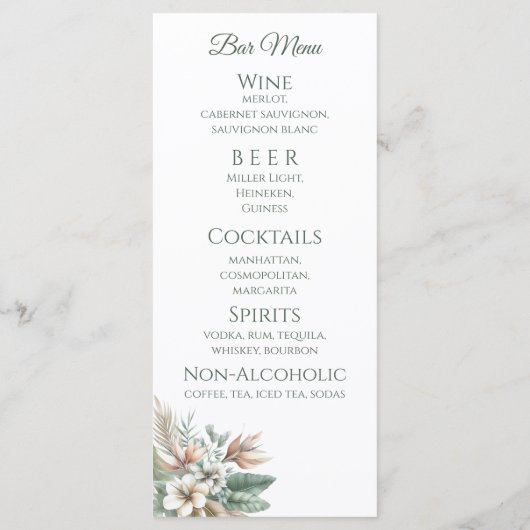 Menu Dîner mariage et Bar Menu-Élégance tropicale (Dos)