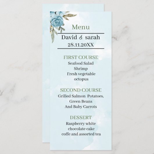 Menu Dîner Mariage Fleur Bleue Élégant (Devant / Derrière)