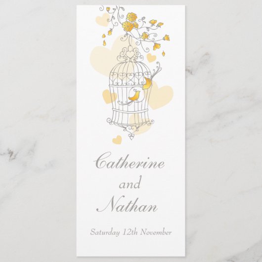 Menu dîner mariage gris-jaune cage oiseaux (Devant)