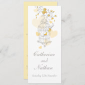 Menu dîner mariage gris-jaune cage oiseaux (Devant / Derrière)