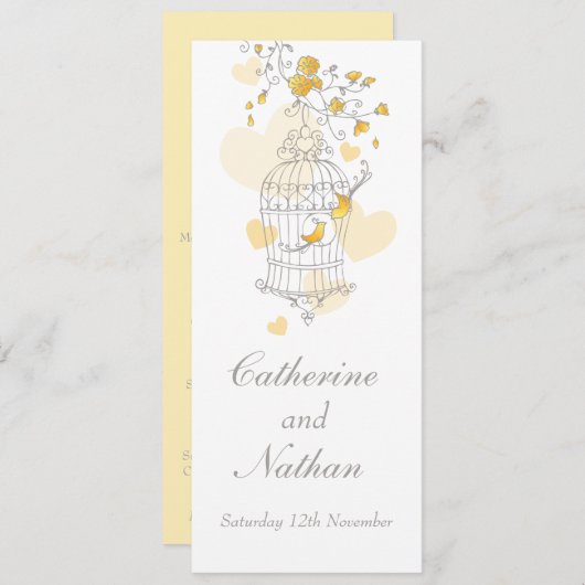 Menu dîner mariage gris-jaune cage oiseaux (Devant / Derrière)