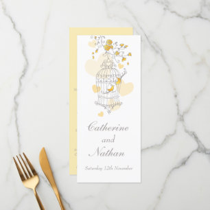 Menu dîner mariage gris-jaune cage oiseaux