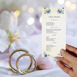 Menu Dîner Mariage moderne aux fleurs bleues et papillo