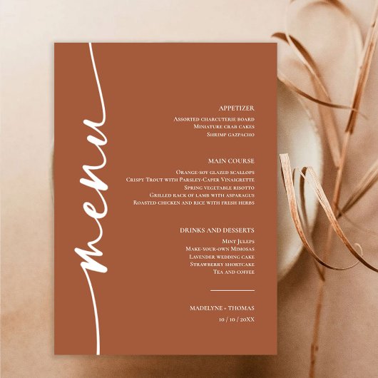 Menu Dîner Mariage moderne Boho Desert Terracotta