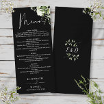 Menu Dîner Mariage Monogramme De Verdure Noire Et Blanc<br><div class="desc">Cet élégant menu de mariages feuille fleuris noir et blanc peut être personnalisé avec vos informations en typographie chic avec vos initiales monogrammes au verso. Conçu par Thisisnotme©</div>