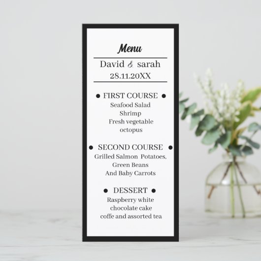 Menu Dîner Mariage Noir Et Blanc Simple (Debout devant)