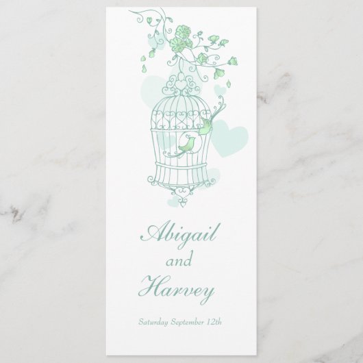 Menu Dîner mariage oiseaux en cage d'oiseaux verts et b (Devant)