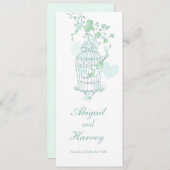 Menu Dîner mariage oiseaux en cage d'oiseaux verts et b (Devant / Derrière)