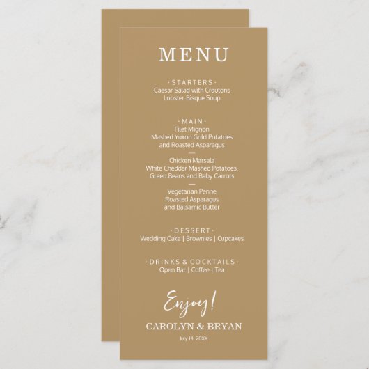 Menu Dîner Mariage or simple et élégant (Devant / Derrière)