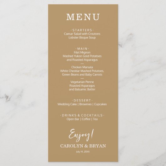 Menu Dîner Mariage or simple et élégant (Devant)